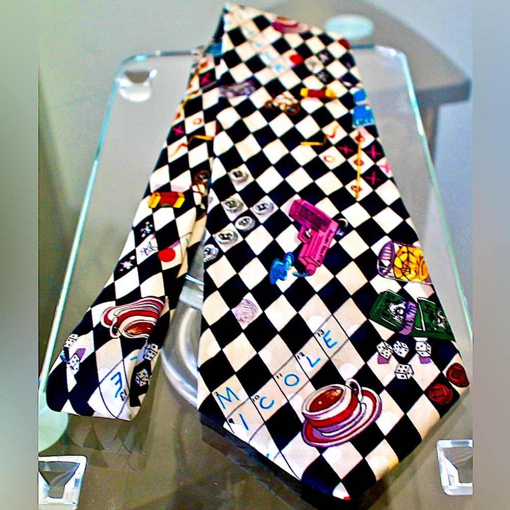 NICOLE MILLER MENS TIE 1991 VINTAGE "CROSSWORD PUZZLE" SILK WHIMSICAL